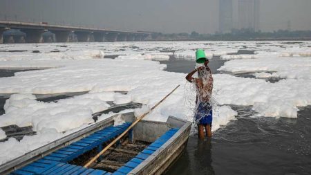 यमुना नदी में फिर जहरीला सफेद झाग, छठ पूजा से पहले यमुना नदी में सफेद झाग की मोटी परत